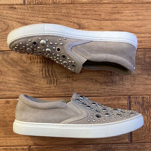 SAM Edelman Paven Embellished Studded Slip-On Sneakers in Taupe Suede Size 6 - Picture 8 of 10